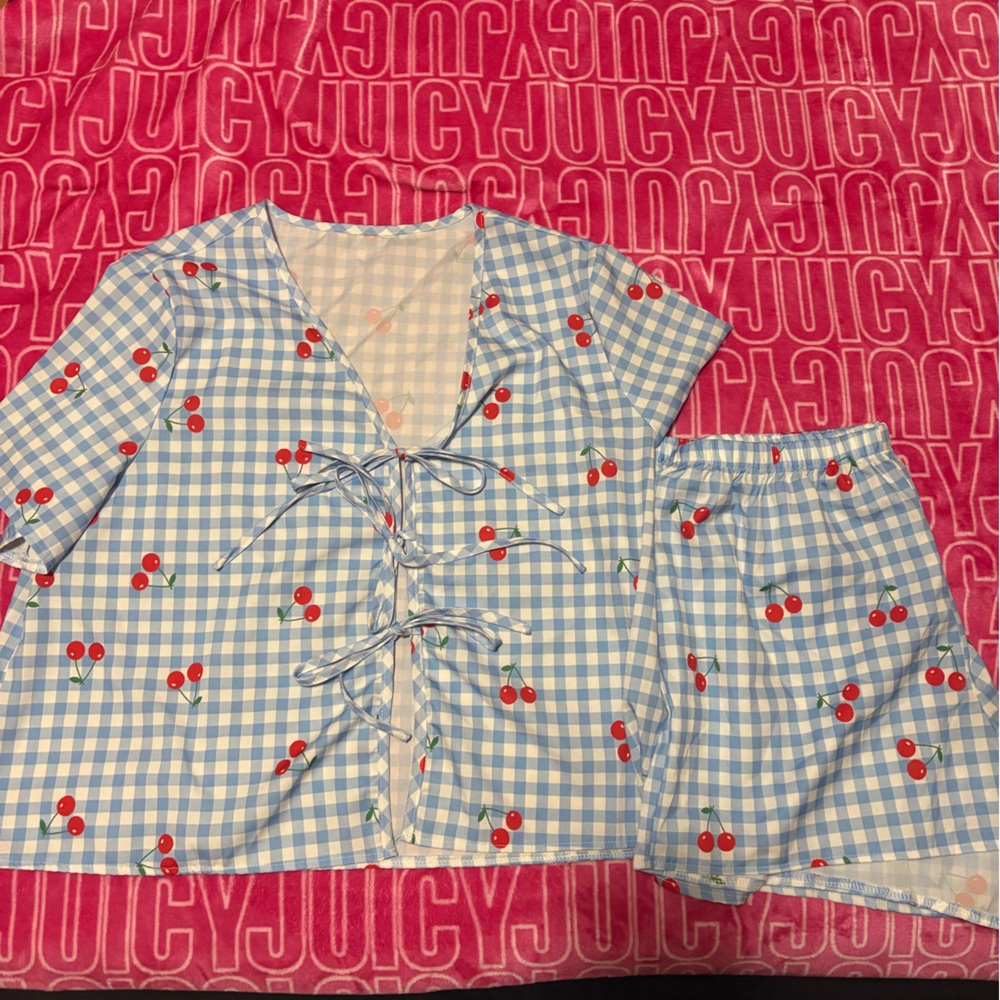 Blue Gingham Cherry Set